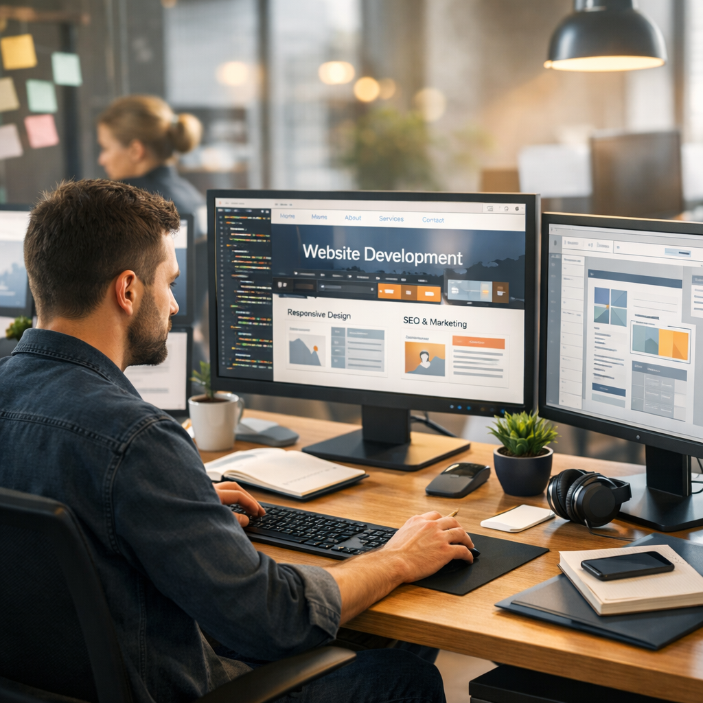 Développeur web au travail sur la maquette d'un site internet